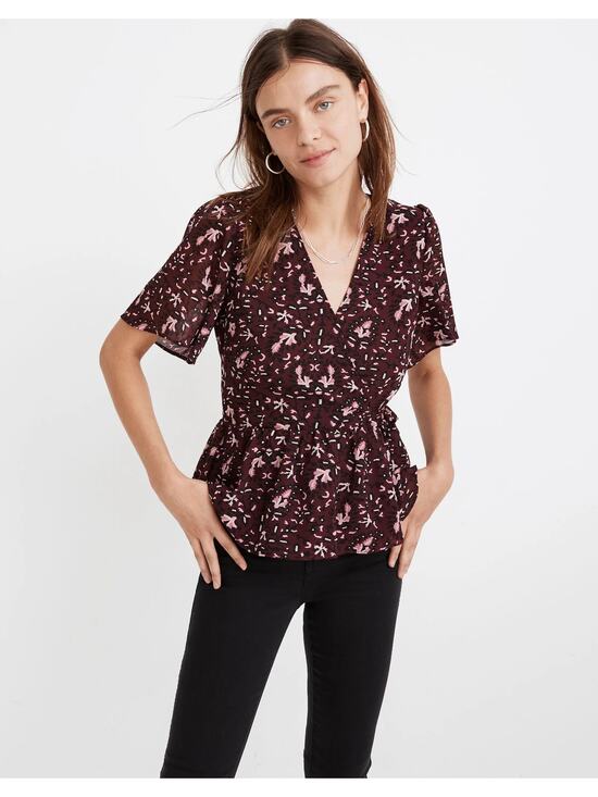 Madewell Tops - Madewell Georgette Flutter-Sleeve Peplum Paisley Dark Fig Top Size XS🍷✨ 🍂